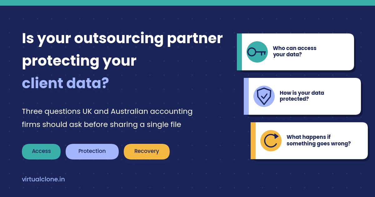 Is your outsourcing partner protecting your client data? Three questions for UK and Australian accounting firms: who can access your data, how it is protected and what happens if something goes wrong